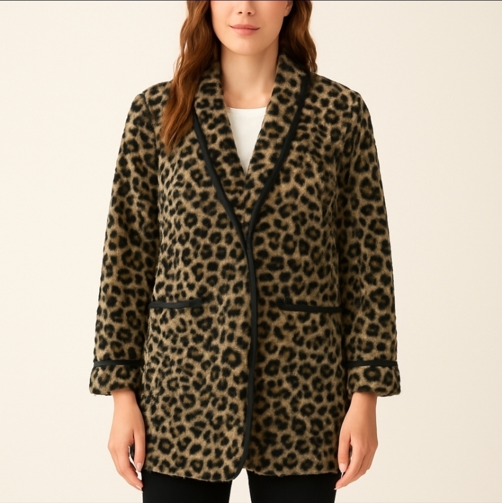 KATE SPADE Leopard Print Fleece Open Front Coat Jacket XS S NEW